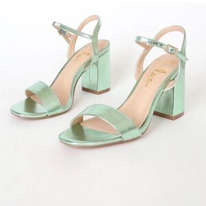 Lulus Arya Green Metallic Block Heel Sandals 8.5